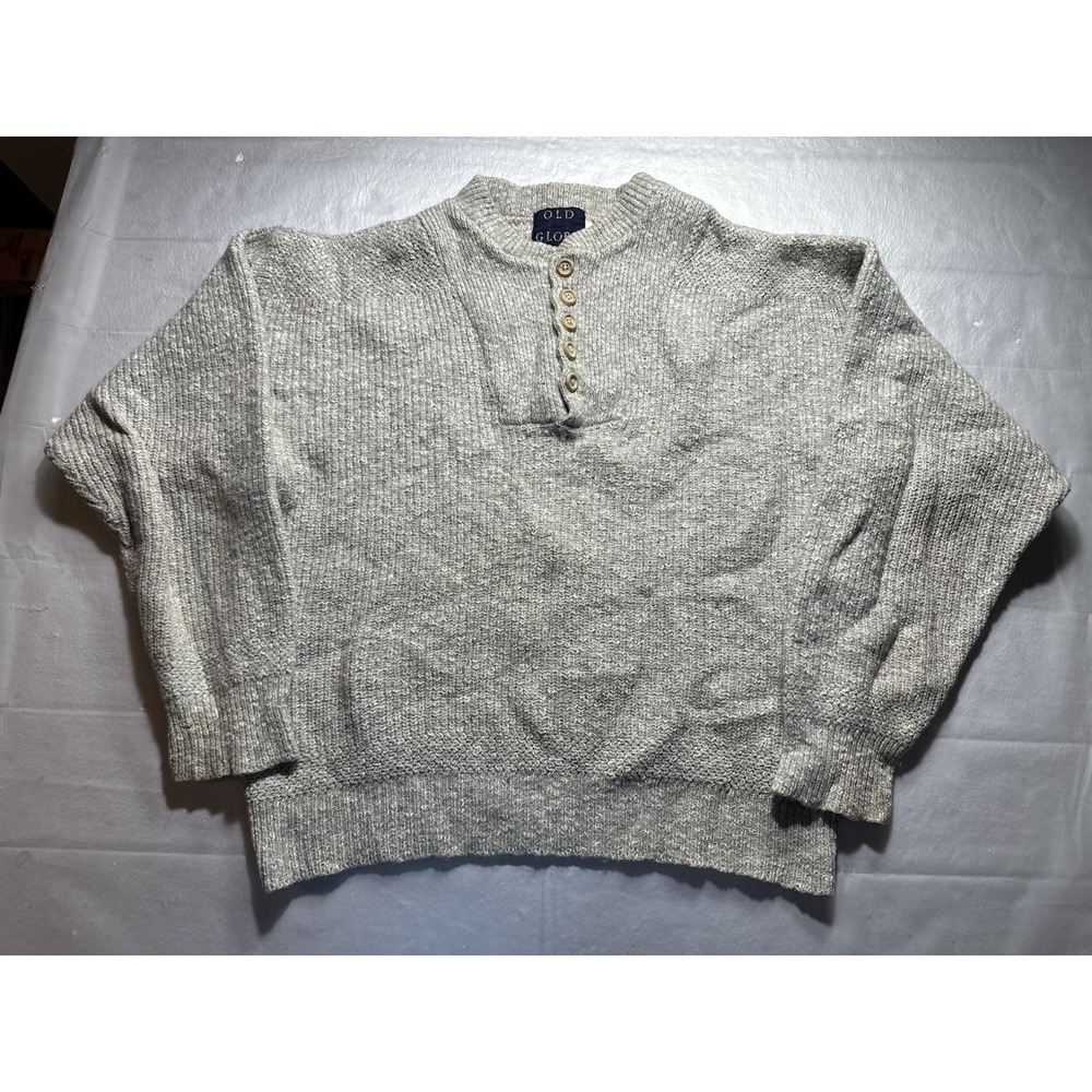 Vintage Old Glory Sweater Mens Medium Gray Henley Button Knit Pullover Cotton